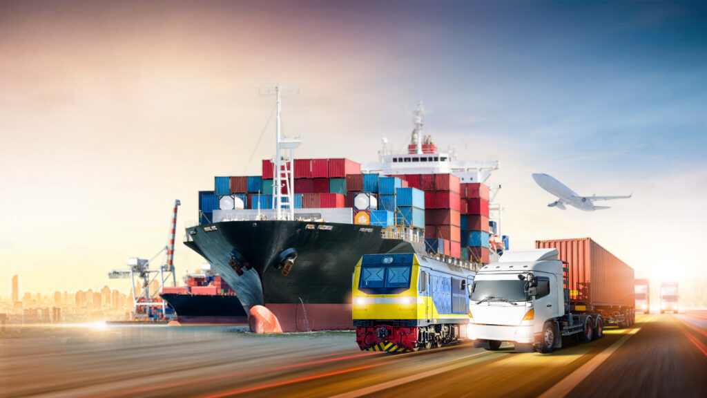 global-business-logistics-import-export-and-container cargo freight-ship-airplane,-container-truck on-highway-with-Freight Train-at-cargo-port-Transportation-industry-concept-accelerating-reform-operation-vulindlela-psl-june-edition